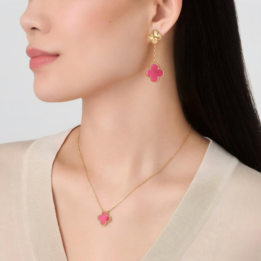 [Solara jewelry]NEW CLOVER 2 MOTIF PINK ENAMEL EARRINGS