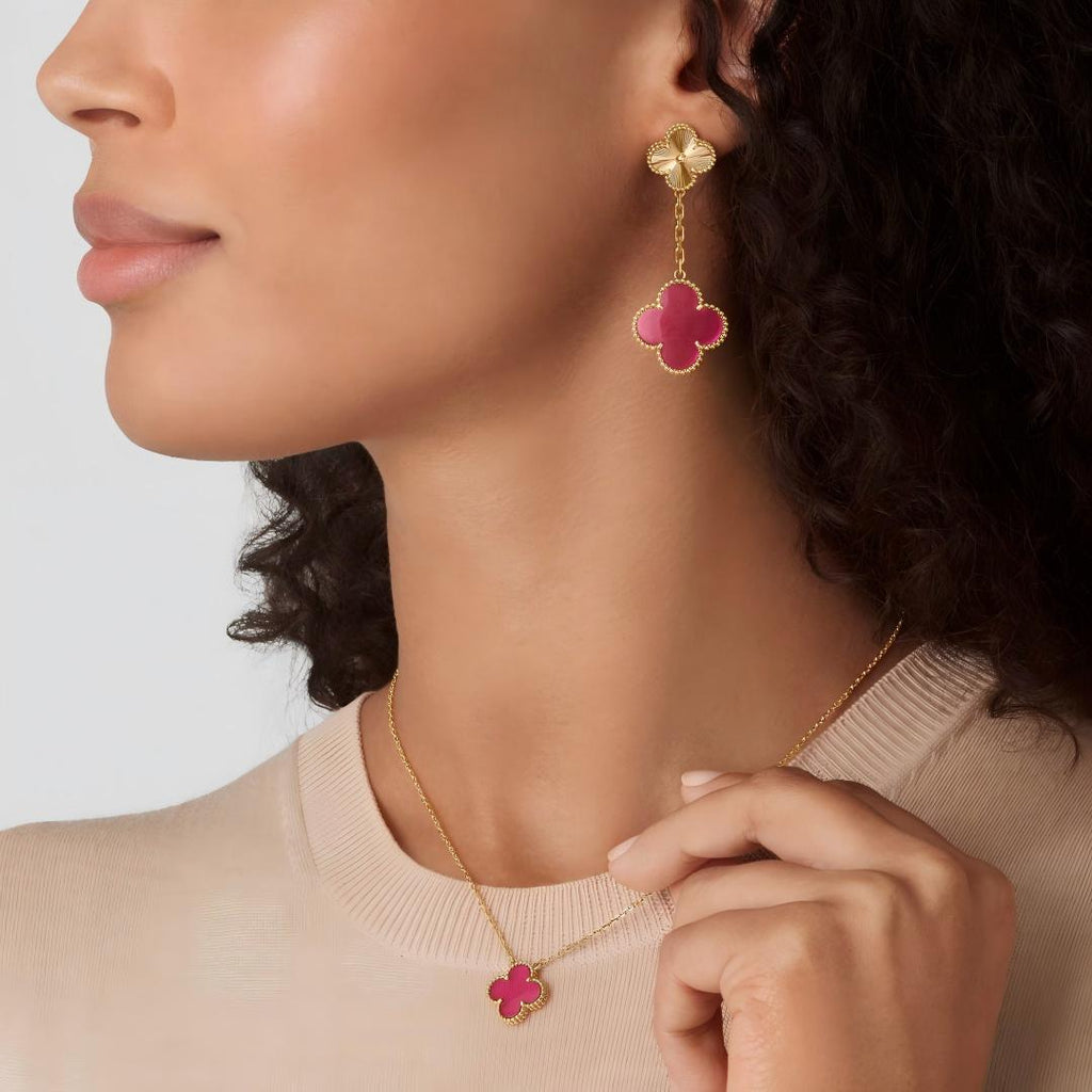 [Solara jewelry]NEW CLOVER 2 MOTIF PINK ENAMEL EARRINGS