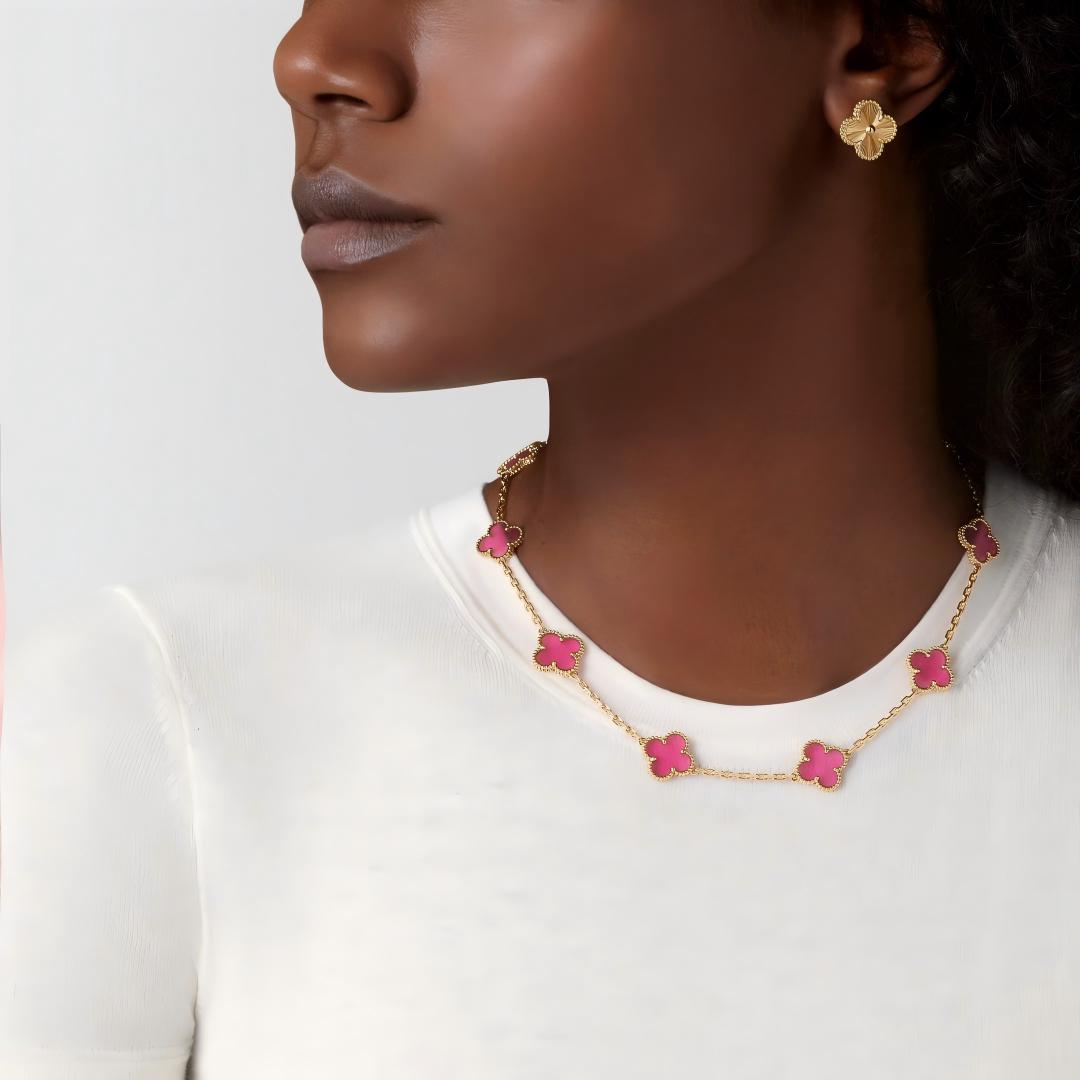 [Solara jewelry]NEW CLOVER 10 MOTIFS PINK ENAMEL NECKLACE