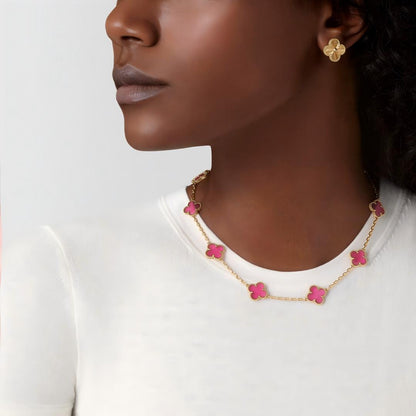 [Solara jewelry]NEW CLOVER 10 MOTIFS PINK ENAMEL NECKLACE