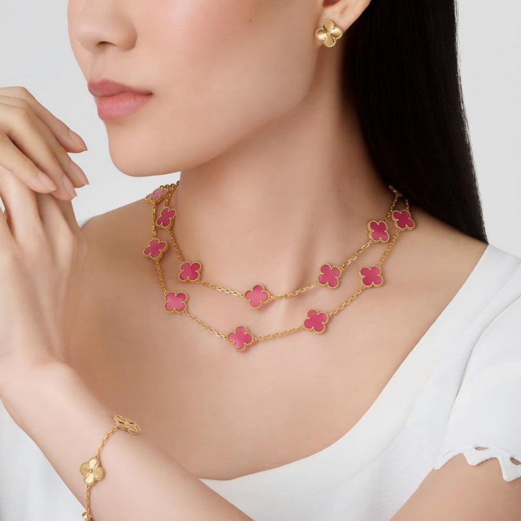 [Solara jewelry] NEW CLOVER 20 MOTIFS PINK ENAMEL NECKLACE