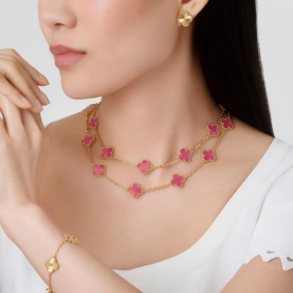 [Solara jewelry] NEW CLOVER 20 MOTIFS PINK ENAMEL NECKLACE