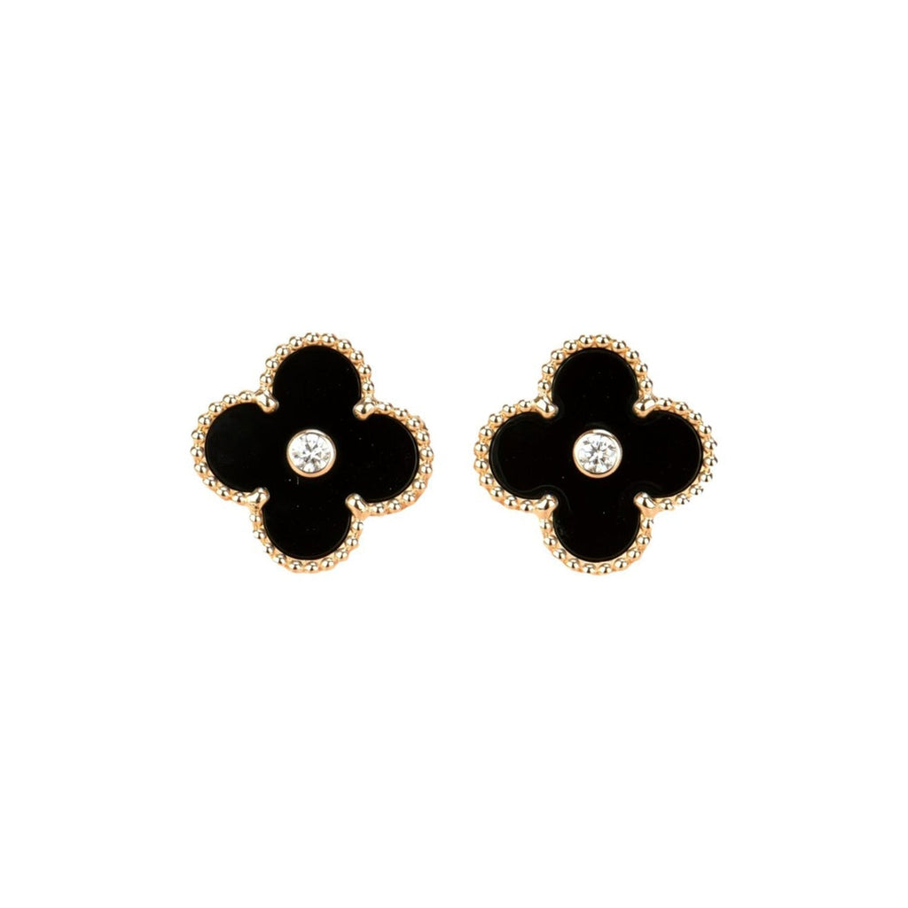 [Solara Jewelry ]CLOVER MEDIUM 1 MOTIFS ONYX DIAMOND EARRINGS