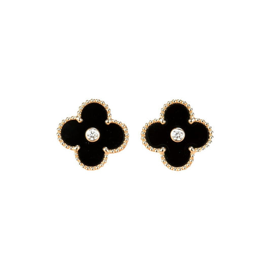 [Solara Jewelry ]CLOVER MEDIUM 1 MOTIFS ONYX DIAMOND EARRINGS