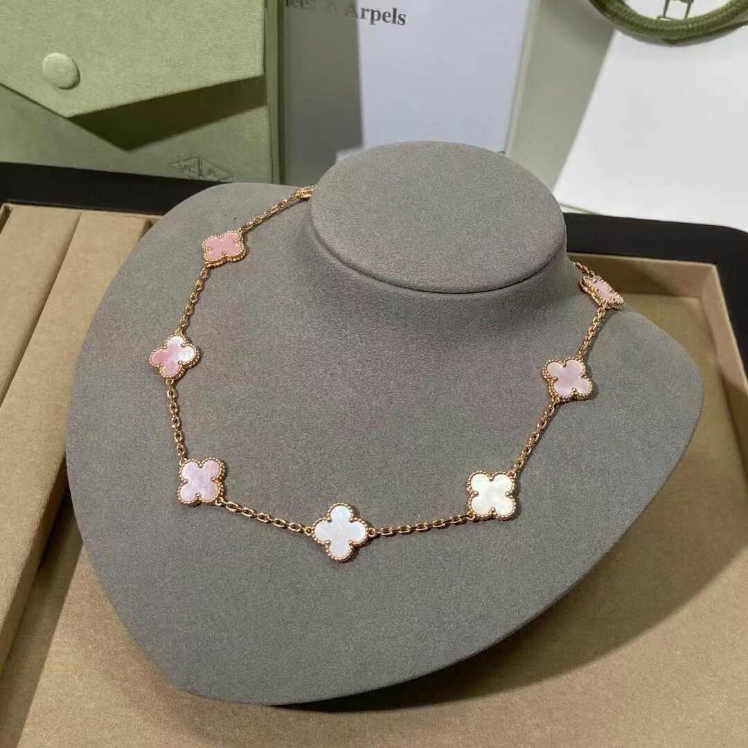 [Solara Jewelry ]CLOVER 10 MOTIFS PINK MOP NECKLACE