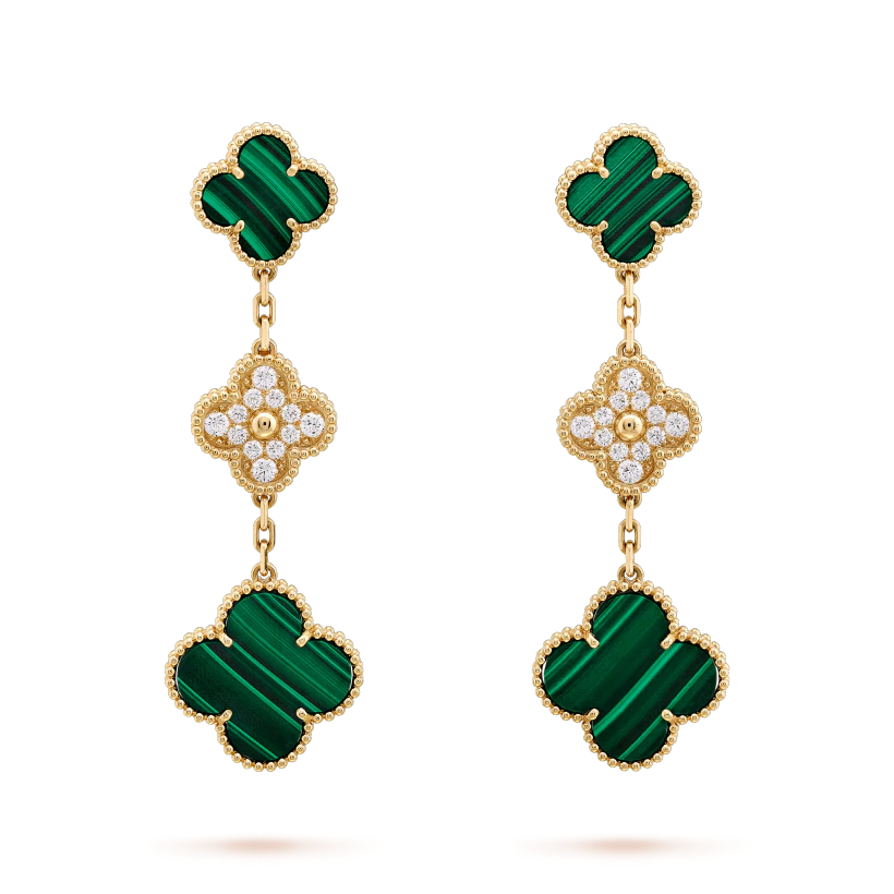 [Solara Jewelry ]クローバー イヤリング ゴールド マラカイト ダイヤモンド 3モチーフ
