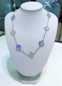 [Solara Jewelry ]CLOVER 10 MOTIFS CHALCEDONY DIAMONDS SILVER NECKLACE