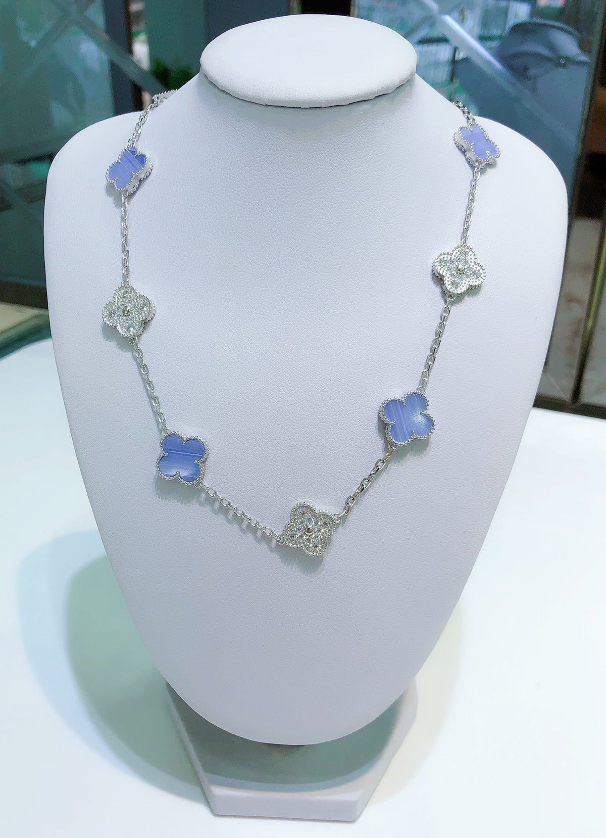 [Solara Jewelry ]クローバー 10モチーフ カルセドニー ダイヤモンド シルバーネックレス