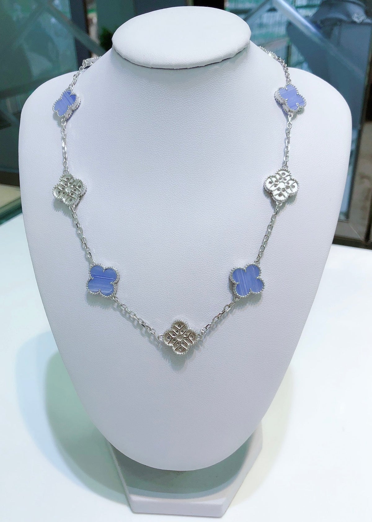 [Solara Jewelry ]クローバー 10モチーフ カルセドニー ダイヤモンド シルバーネックレス