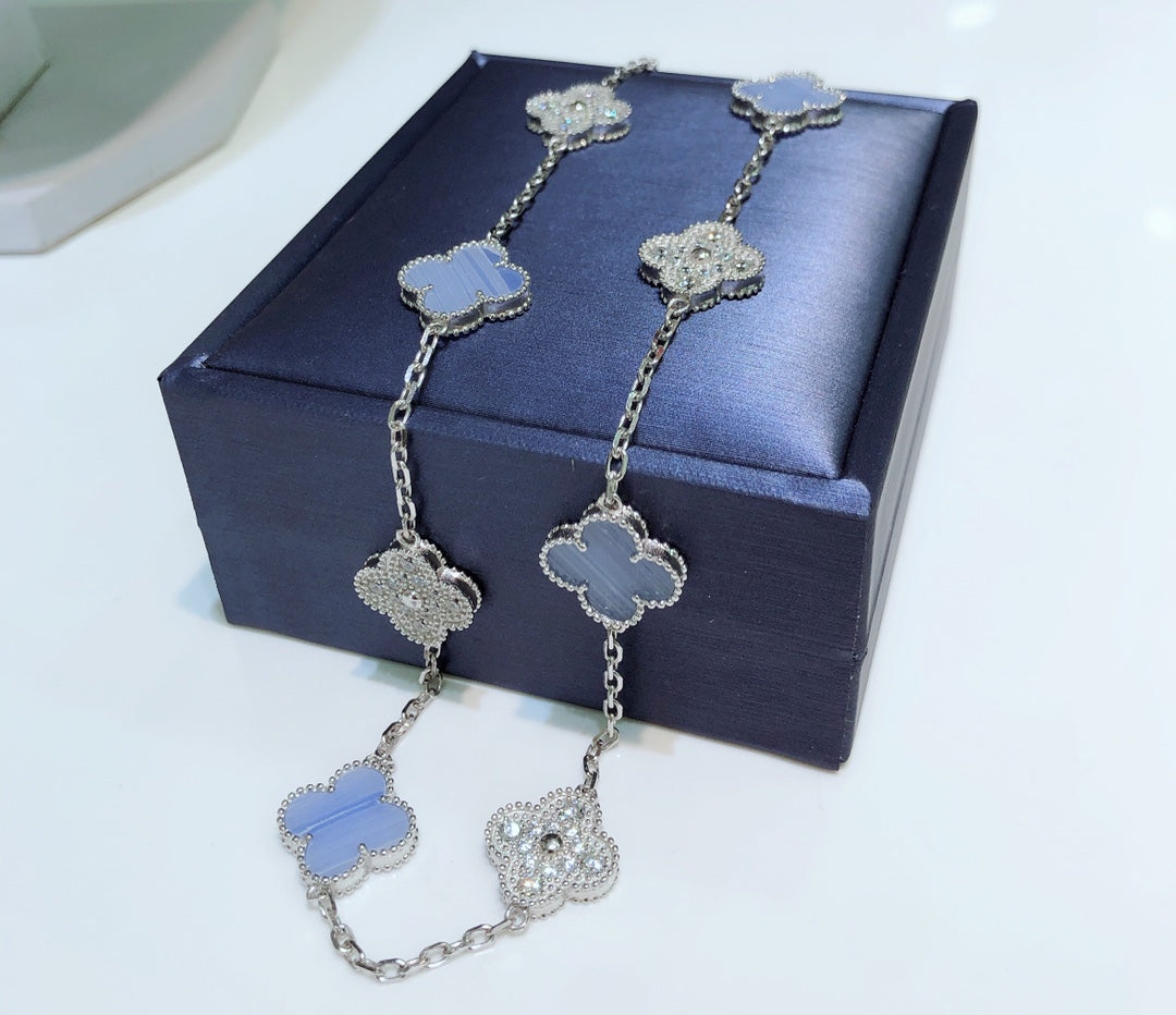 [Solara Jewelry ]クローバー 10モチーフ カルセドニー ダイヤモンド シルバーネックレス