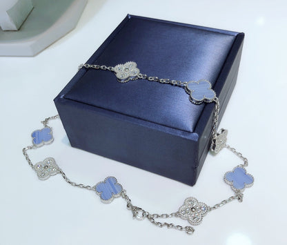 [Solara Jewelry ]クローバー 10モチーフ カルセドニー ダイヤモンド シルバーネックレス