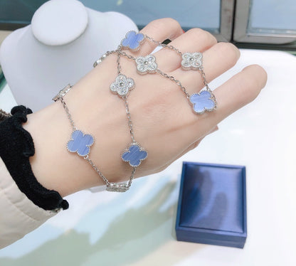 [Solara Jewelry ]クローバー 10モチーフ カルセドニー ダイヤモンド シルバーネックレス