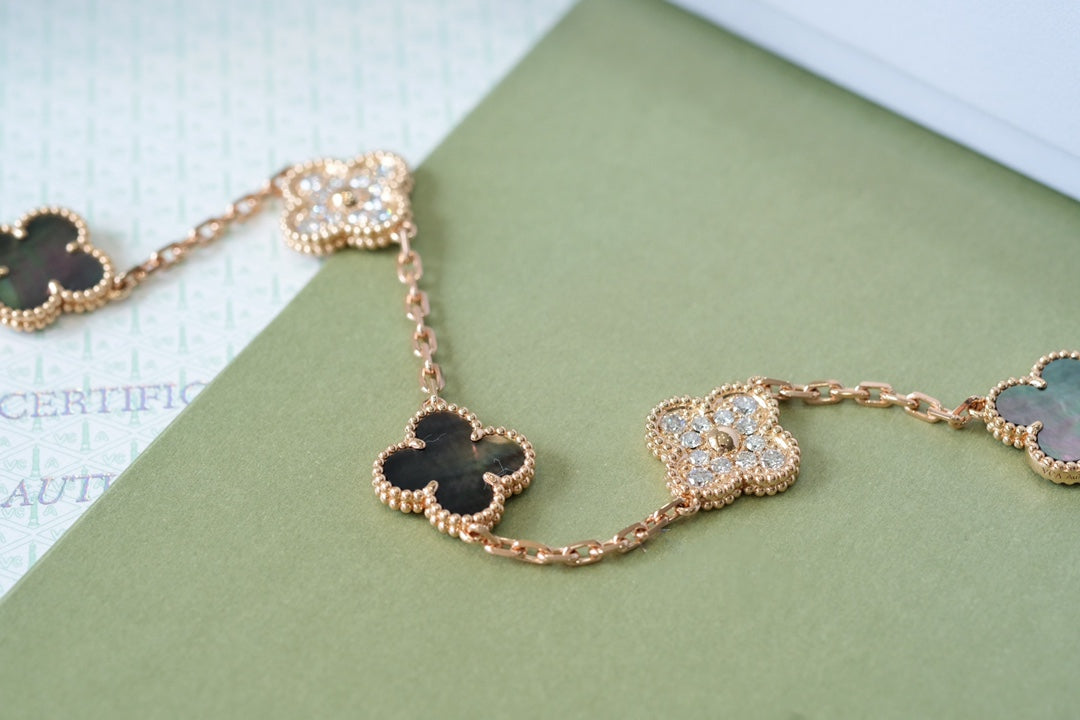 [Solara Jewelry ]クローバー 5モチーフ ダークマザーオブパール ダイヤモンド ピンクゴールド ブレスレット