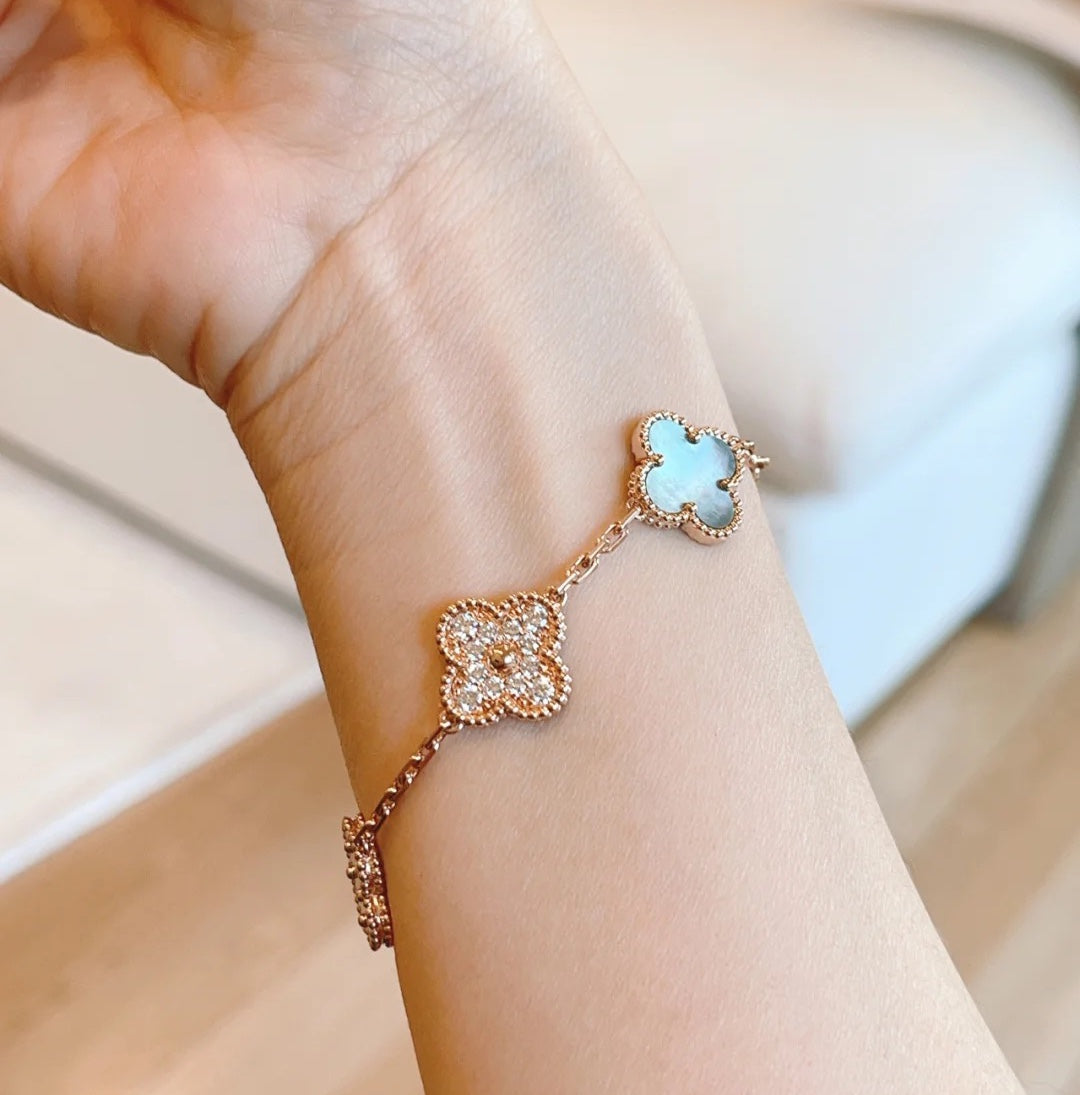 [Solara Jewelry ]クローバー 5モチーフ ダークマザーオブパール ダイヤモンド ピンクゴールド ブレスレット